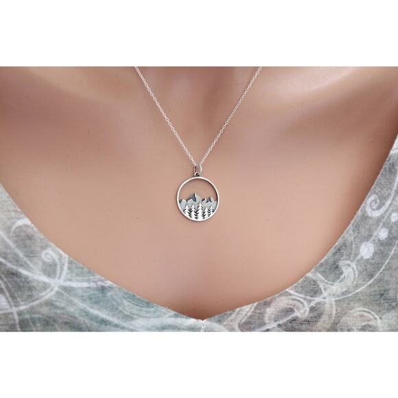 Sterling Silver Mountain Overlook Necklace with Pine Tree Forest Foreground - Picture 1 of 5